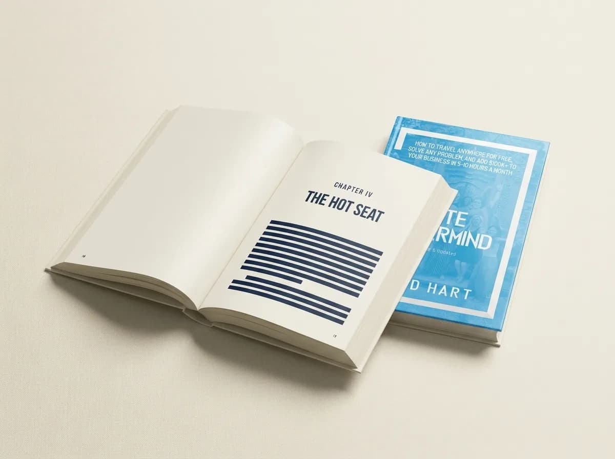 The 8-Minute Mastermind open to Chapter IV, The Hot Seat, with the closed cover visible behind it.